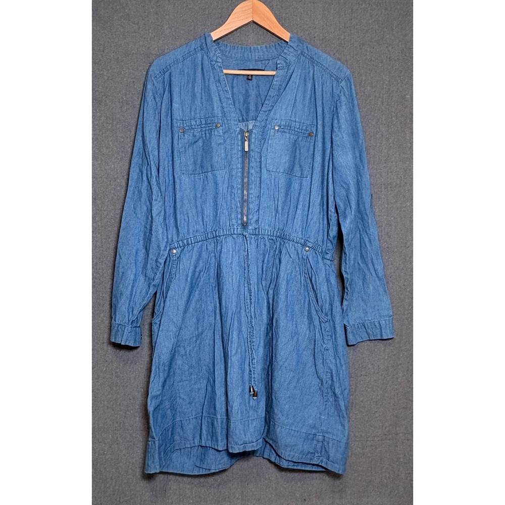 New Look Women Blue Chambray Denim Zip Front Drawstring Waist Utility Dress 1X